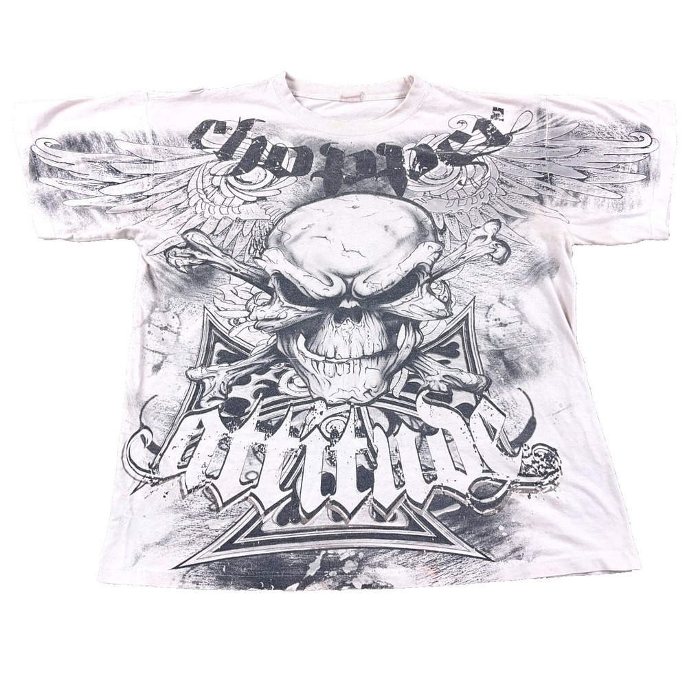 Vintage Y2K Skull Shirt Men XL MMA AOP All Over Wings Iron Cross Grunge Chopper*
